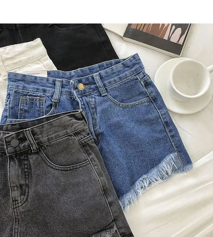 2025 New Summer Women High Wiast Raw Hem Denim Shorts Soild White Black Blue Korean Wide Leg Pants Mon Shorts  Jean Shorts