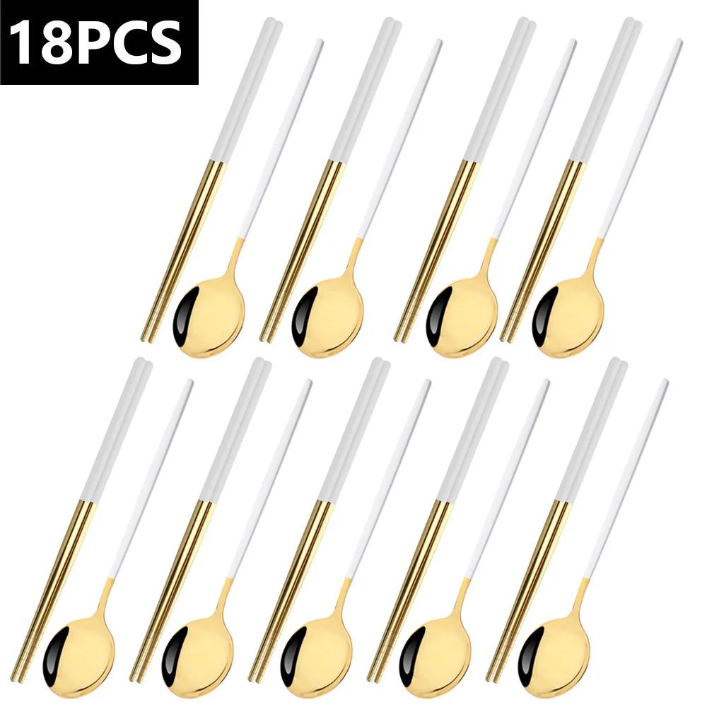 18Pcs Black Gold Dinnerware Dinner Spoons Chopsticks Cutlery Set Stainless Steel Tableware Sets Kitchen Home Silverware Set