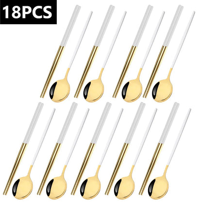 18Pcs Black Gold Dinnerware Dinner Spoons Chopsticks Cutlery Set Stainless Steel Tableware Sets Kitchen Home Silverware Set