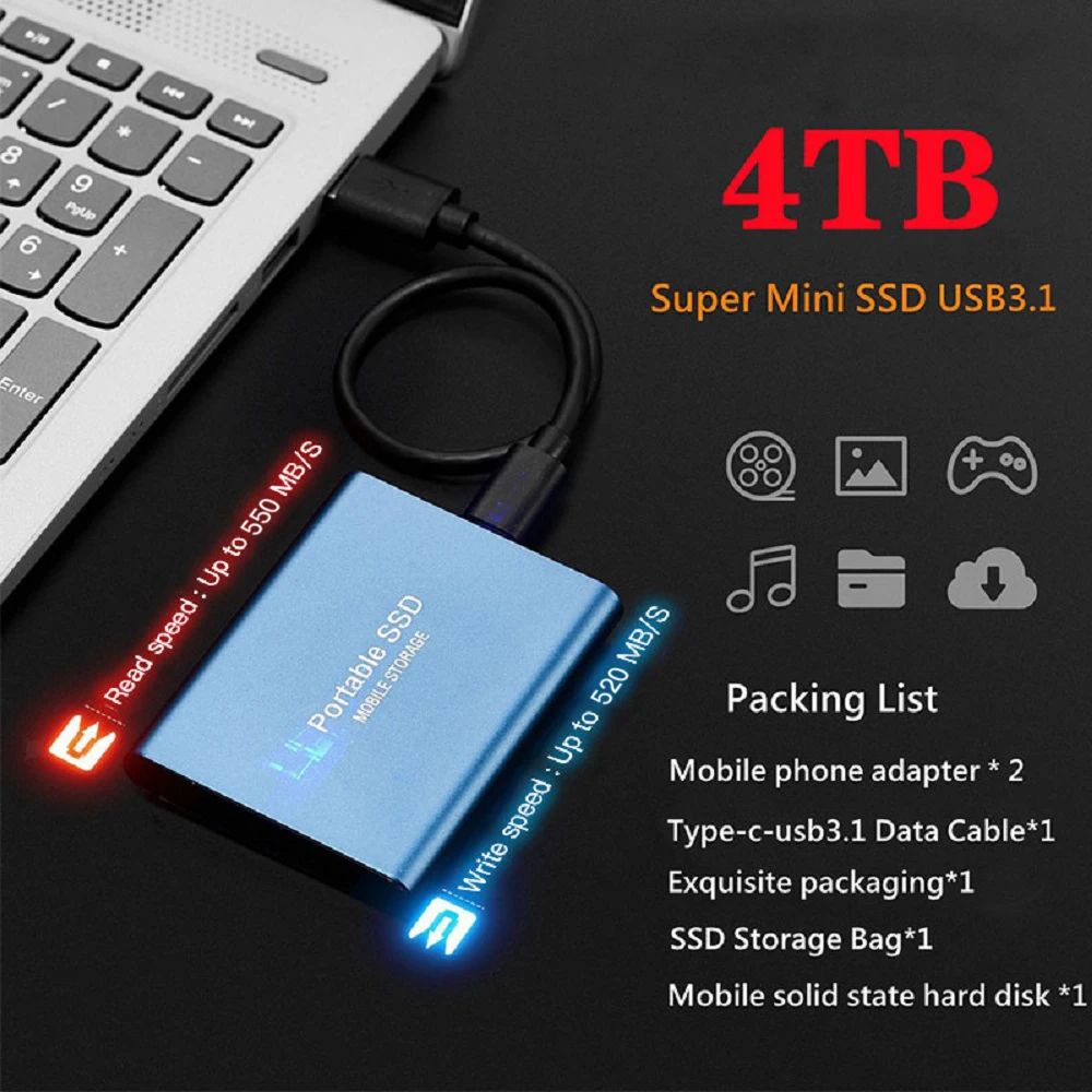 Unidade de Estado Sólido Externa de Alta Velocidade 1TB Disco Rígido Externo Portátil SSD 2TB Disco Rígido Externo SSD Para Laptop Mac