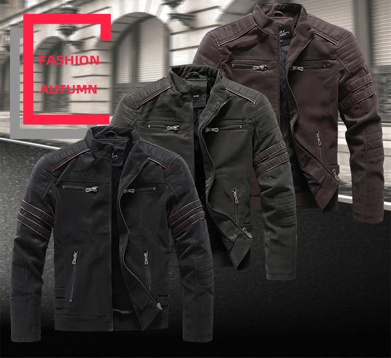 Men's autumn and winter frosted leather jacket, fashionable slim fit and brushed motorcycle fashion brand slim fit jacket