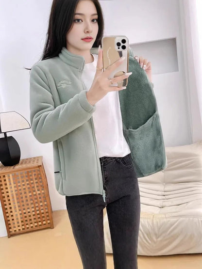 2026 Women's Wool Liner Coat Winter Loose-Fit Full Sleeve Polar Fleece Zipper Letter print Thickened Coat Cardigan Sporty jacket