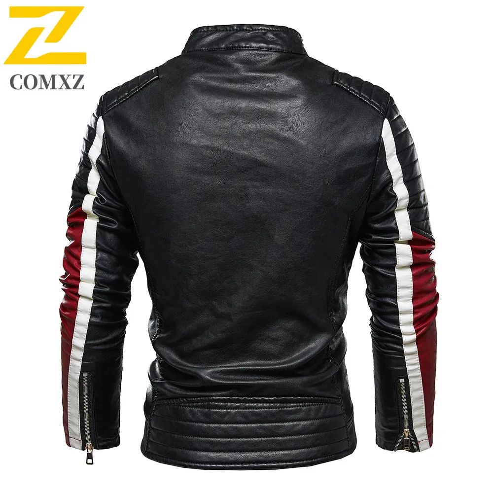 Men Yellow PU Leather Jacket Patchwork Biker Jackets  Casual Zipper Coat Male Motorcycle Jacket Slim Fit Fur Lined Outwear Coat