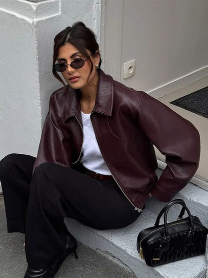 Full Sleeve Cropped Women Casual Slim Thin Motorcycle Coat Chic Zipper Lapel Wine Red Leather Jacket Lady New Highstreet Outwear