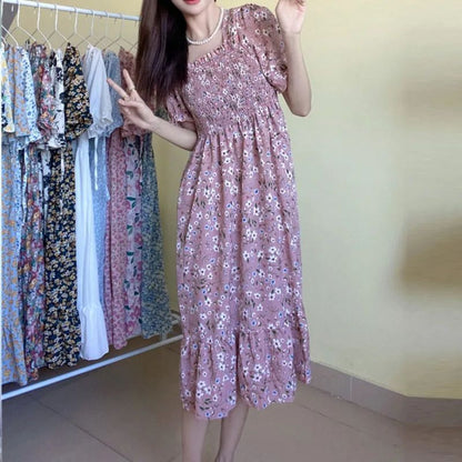 Spring Summer Elastic Waist Chiffon Dress Women Casual Dresses Fashion Female  Vestidos Short Sleeve Pleated A-line Dresses