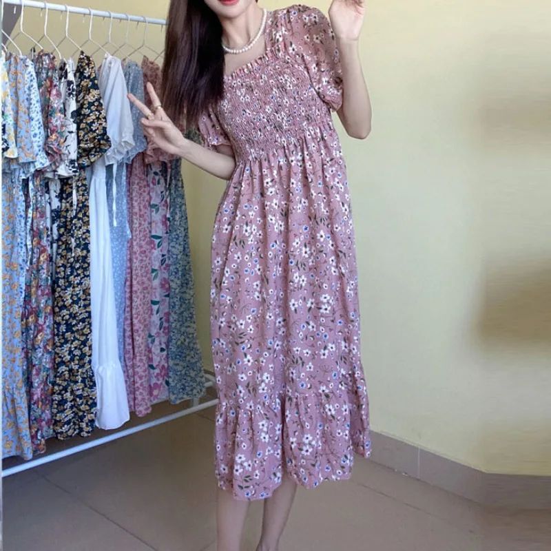 Spring Summer Elastic Waist Chiffon Dress Women Casual Dresses Fashion Female  Vestidos Short Sleeve Pleated A-line Dresses