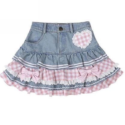 Preppy Style Lolita Kawaii Skirts Japanese Sweet Mini Women Harajuku Cute Ball Gown Denim Skater Y2K High Waist Lace Cake Skirts