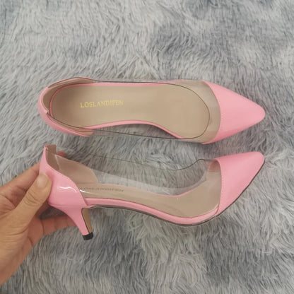 Women Patent Leather Sexy Pumps 2025 Autumn PVC Transparent 5cm Low Heel Pointed Toe Slip-on Thin High Heels Party Wedding Shoes