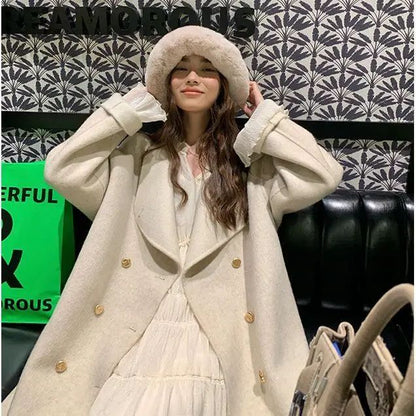 Light Grey Woolen Coat Women's Long Loose Korean Style Fashionable Autumn Winter New Arrival Polyester Fiber Full Sleeve