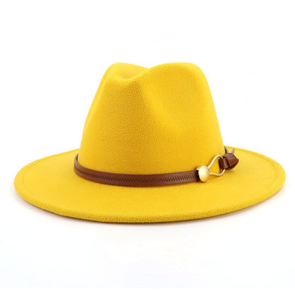 New Brown Belt Buckle Jazz Fedora Hat Autumn Winter Women Men Party Church Top Hat Wide Brim Sun Hat Felt Panama Cap