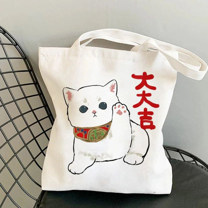 Kawaii Cats Manga Cartoon Reusable Tote Bag Women's High Capacity Versatile Canvas Shoulder Bag, Beach Shopper Handbag