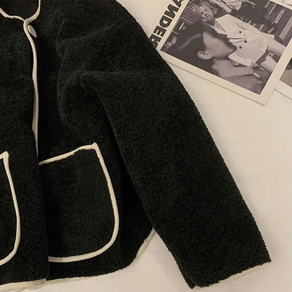 New Winter Loose Short Thickened Lamb Fur Jacket Simple Style Small Size Elegant Top Polyester Fiber Full Sleeve Coat