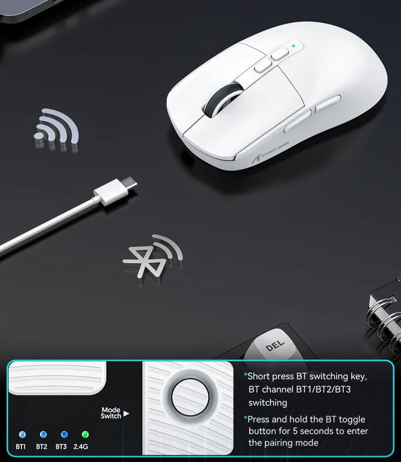 Attack Shark X6 Wireless Ergonomic Gaming Mouse Adjustable DPI Wired 2.4G/Bluetooth High Precision Rechargeable Mice