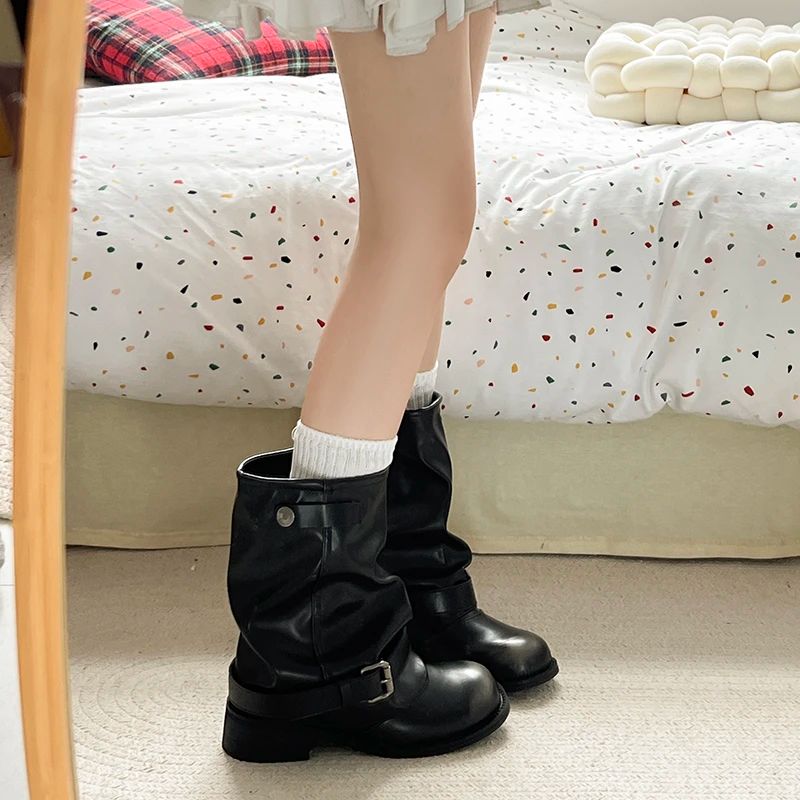 Vintage Thick Heel Women Western Cowboy Boots Fashion Belt Buckle Slip On Shoes Ladies Pleated Short Booties Autumn Winter