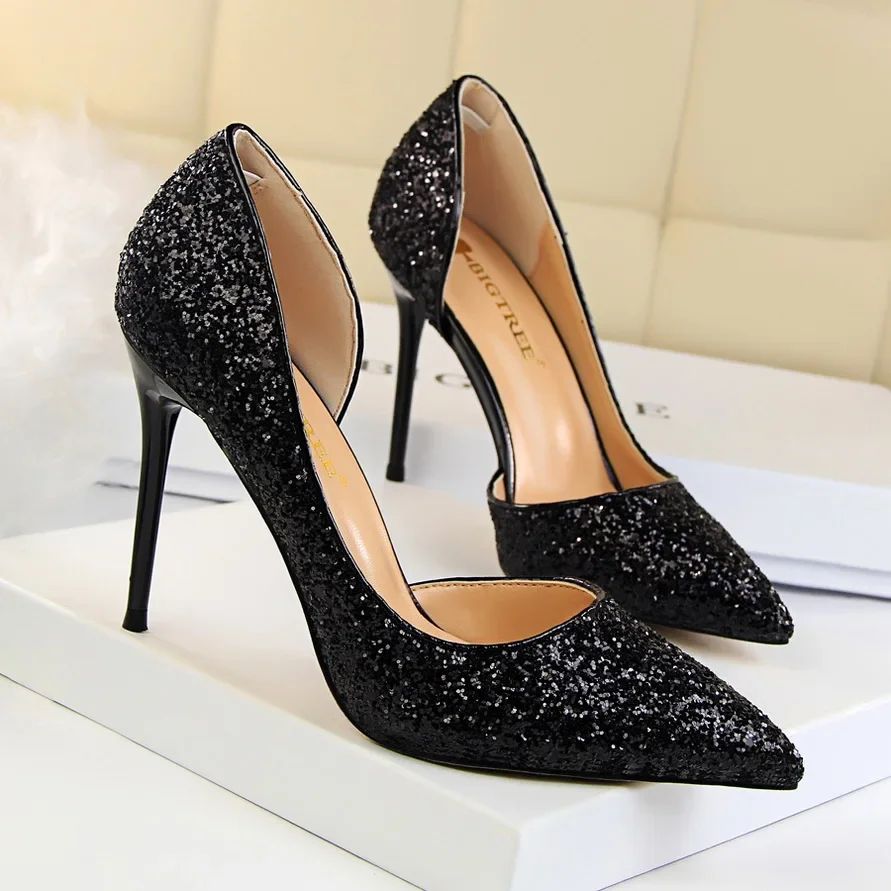 Plus Size 34-43 Women 9.5cm High Heels Stripper  Bling Glod Red Silver Scarpins Pumps Lady Stiletto Wedding Bridal Fetish Shoes