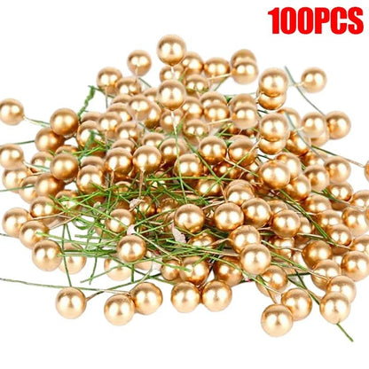 5-100Pcs Artificial Holly Berry Green Leaves Christmas Ornaments Gold Red Holly Berry Stems Xmas Tree Wreath Gifts Party Decor