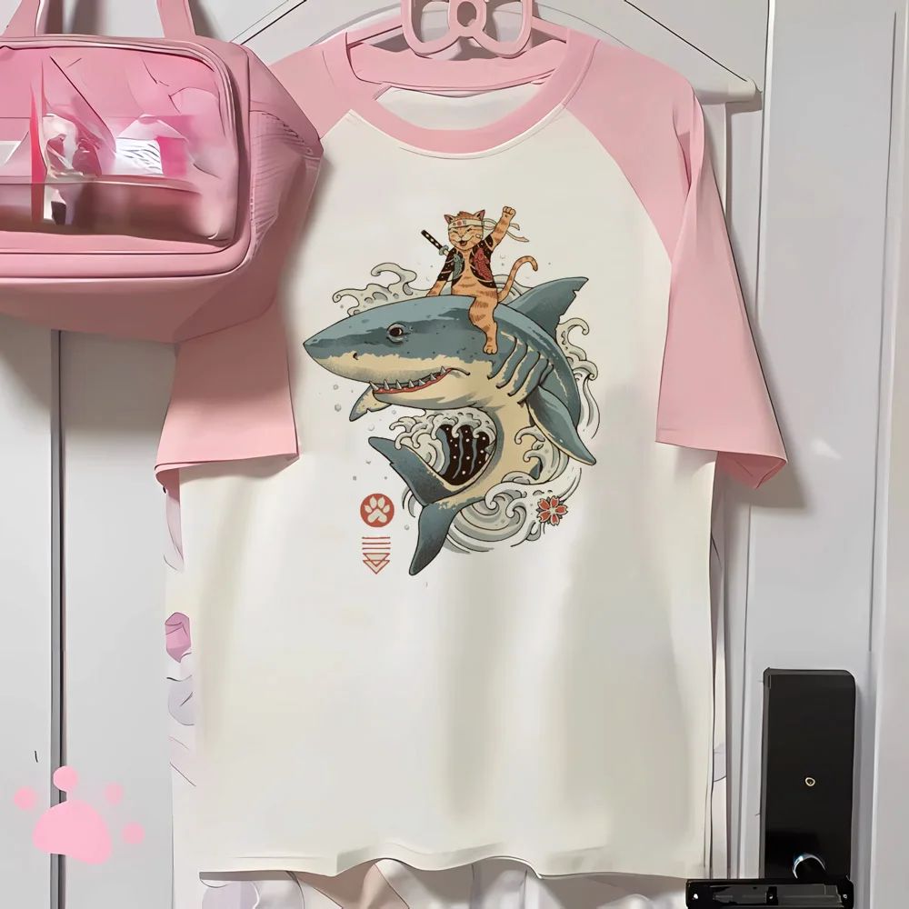 Aesthetics Japanese Grunge T-shirt Y2k Harajuku Anime Cartoon Cat Tops Tees Short Sleeve Women Kawaii Clothing Streetwear