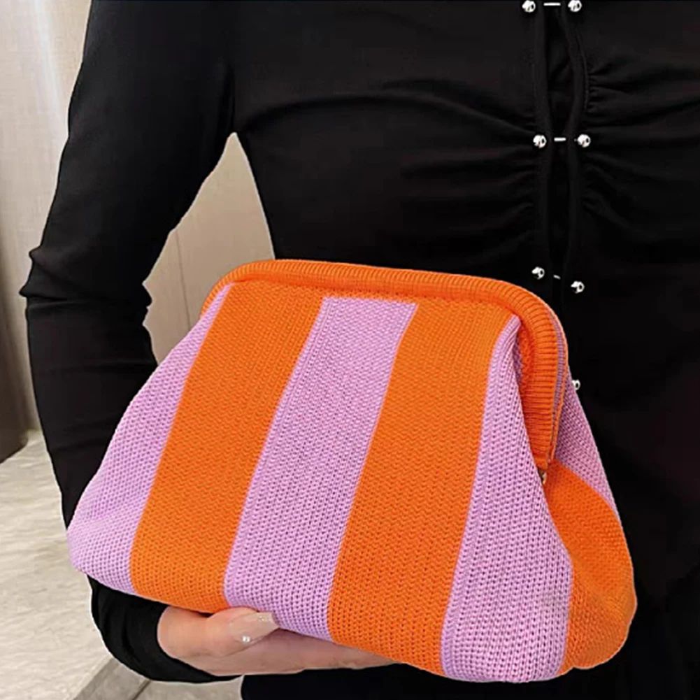 Women Knit Stripe Purse Contrast Color Small Crochet Handbag Knitting Dumpling Clutch Woven Bag for Female