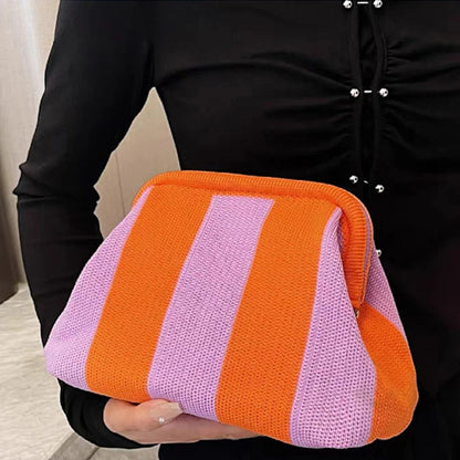 Women Knit Stripe Purse Contrast Color Small Crochet Handbag Knitting Dumpling Clutch Woven Bag for Female