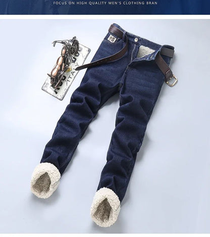 Calça Jeans Masculina de Lã Aveludada, Inverno, Forrada com Lã Grossa, Casual de Negócios, Reta, Jeans, Macia, Confortável, Térmica, Elástica, Calças Masculinas
