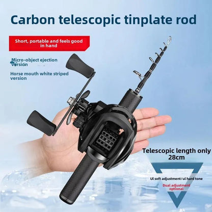 Vara de pesca curta portátil de micro haste de 28 cm, haste branca, com carretel de pesca telescópico ejetor, material de pesca