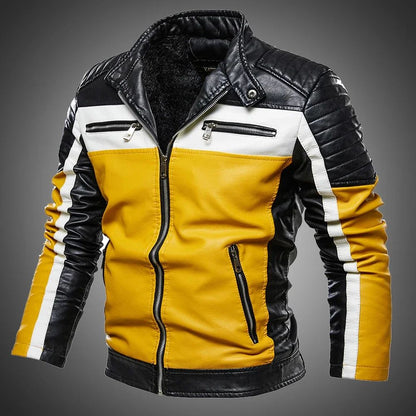 Male Motorcycle Jacket Slim Fit Fur Lined Outwear Coat Men Yellow PU Leather Jacket Patchwork Biker Jackets Classic Zipper Coat