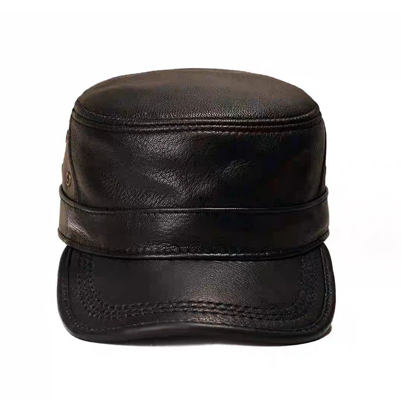 Genuine Leather Cap Men's Flat Caps Military Hat Elegant Man Baseball Cap British Vintage Cowhide Warm Hat Adjustable 55 60cm