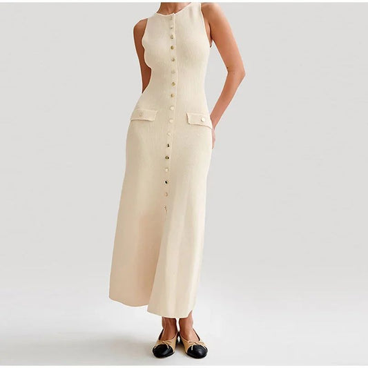 2024 Summer Elegant Lady Knitted Single Breasted Long Dresses Women Solid Sleeve