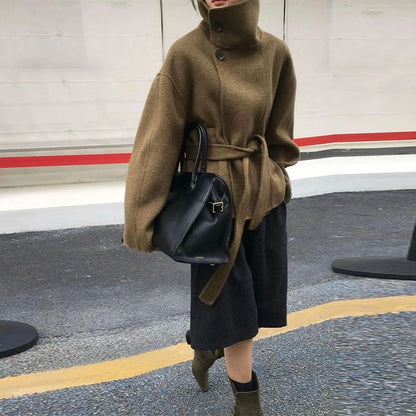 Woolen Solid Women Coat Fashion Belt Patchwork Lace Up Full Sleeve Lapel Lady Jacket 2025 Autumn Winter Female Loose Streetwear