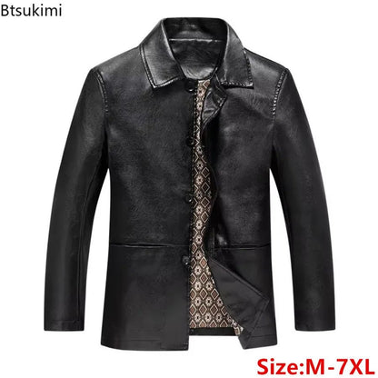 2025 Men's Soft PU Leather Jackets Business Office Coats Breathable Solid Male Faux Leather Jackets Warm Outerwear Plus Size 7XL