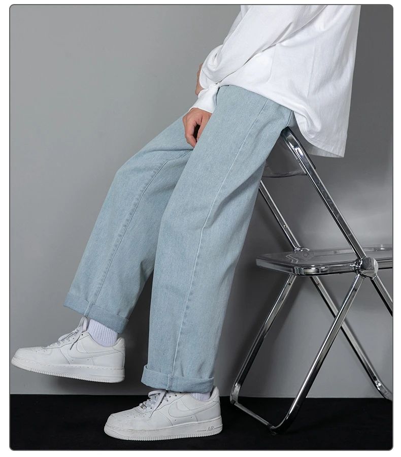 2025 Calças Jeans Casuais Masculinas Coreanas Novas Retas Longas Perna Larga Jeans Cor Sólida Azul Claro Cinza Preto
