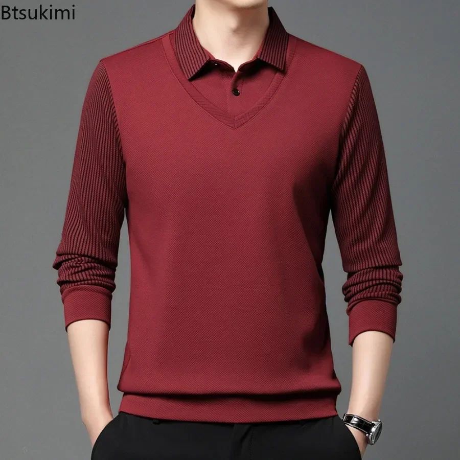 Fashion Fake Two-piece Men Long Sleeve Shirt Stripe Splice Lapel Loose Casual Pullover Tops 2025 Male Formal Business Polo Shirt
