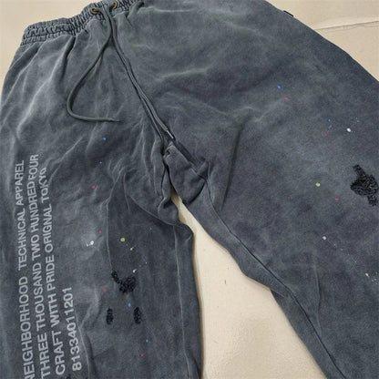 2025 Calças de Moletom NBHD Soltas Unissex de Alta Qualidade com Lavagem Pesada Retrô e Tinta Espirrada Calças de Pista Moletom Neighborhood