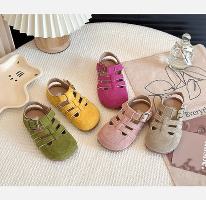 1-12Y Children's Sandals Toe Protect Boys Girls Summer New Candy Color Soft Sole Shoes Kids Casual Retro Flat Leather Sandals