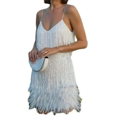 2024 Summer New Fashionable Framed Sequins Feather Patchwork Dress Colorful Amazon Direct Sales Women's Sleeveless Dress