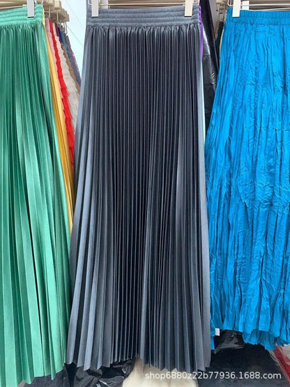 High Waist Satin Pleated Skirt 1 Meter Long Floor Length Pearl Glitter A- Line Umbrella Half Body Skirts Polyester Fiber