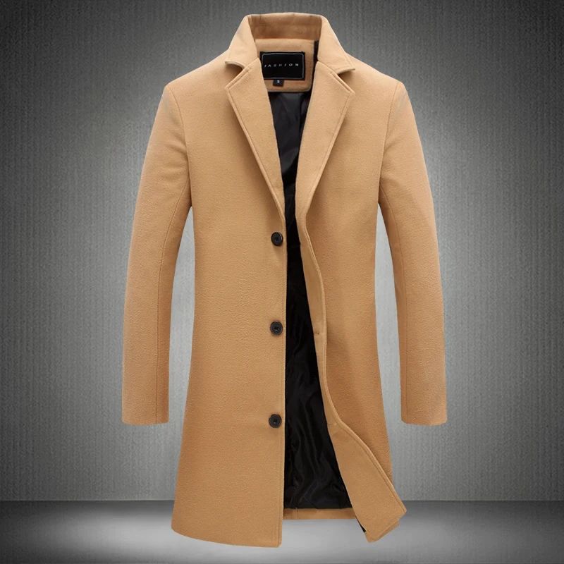 2025 Outono Inverno Novo Lã Masculino Longo Casaco de Algodão Mistura Cor Pura Casual Negócios Moda Slim Jaqueta Corta-Vento Masculina Roupa
