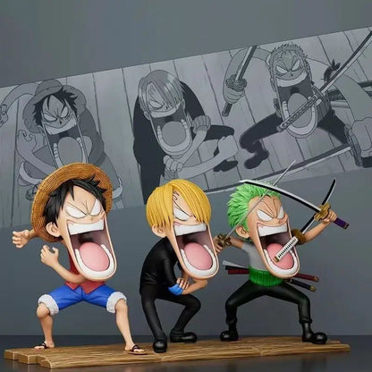 Conjunto de 3 peças One Piece Hungry Trio, Capitão Sanji, Monkey D. Luffy, Roronoa Zoro, modelo de action figure divertido de anime, brinquedo colecionável