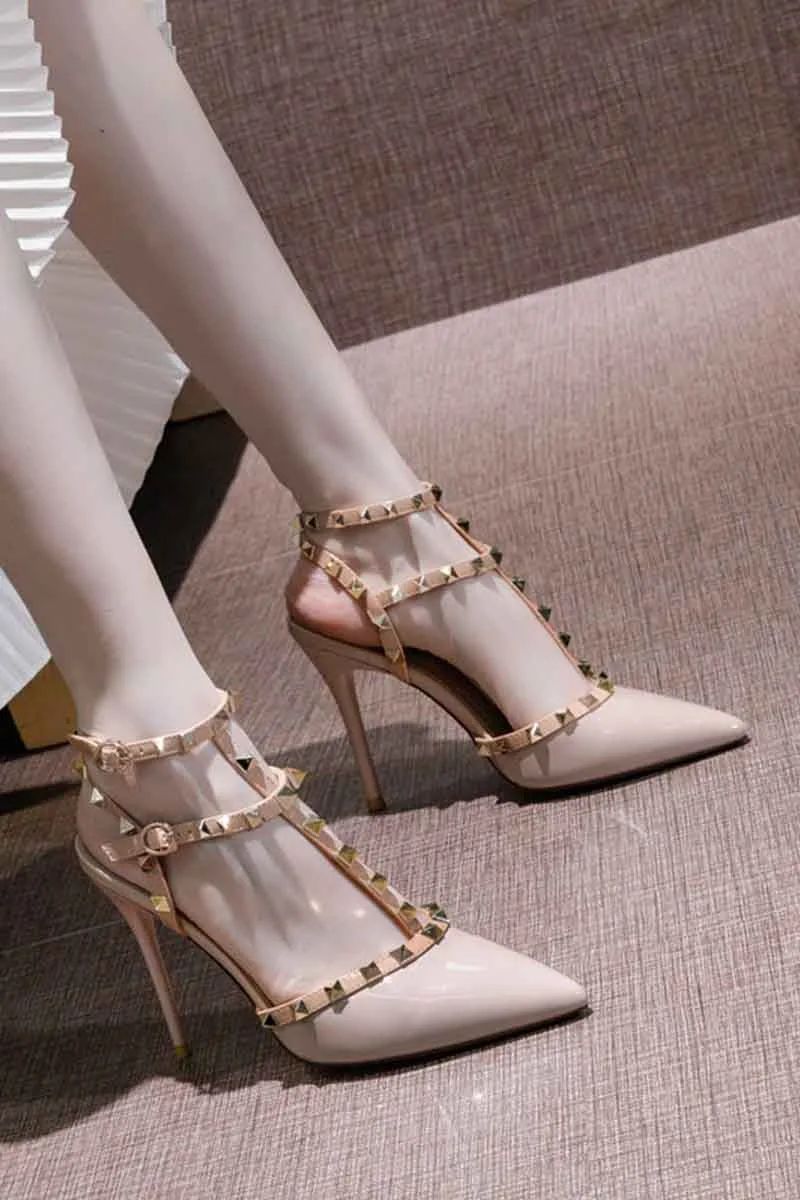 Riveted Nude High Heel Sandals for Women in Summer 2024, New Slim Heeled Pointed Fashion Sexy Back Empty Women's Sandals