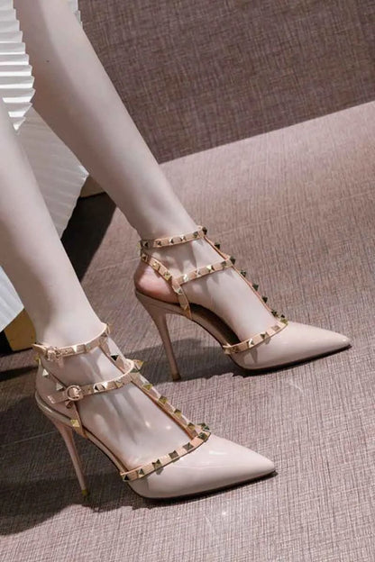 Riveted Nude High Heel Sandals for Women in Summer 2024, New Slim Heeled Pointed Fashion Sexy Back Empty Women's Sandals