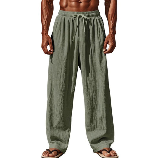 Calça Casual Masculina de Linho com Elástico na Cintura, Calça de Praia Leve com Cordão, Calça de Yoga de Verão Cor Sólida, Calça de Praia