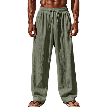 Calça Casual Masculina de Linho com Elástico na Cintura, Calça de Praia Leve com Cordão, Calça de Yoga de Verão Cor Sólida, Calça de Praia