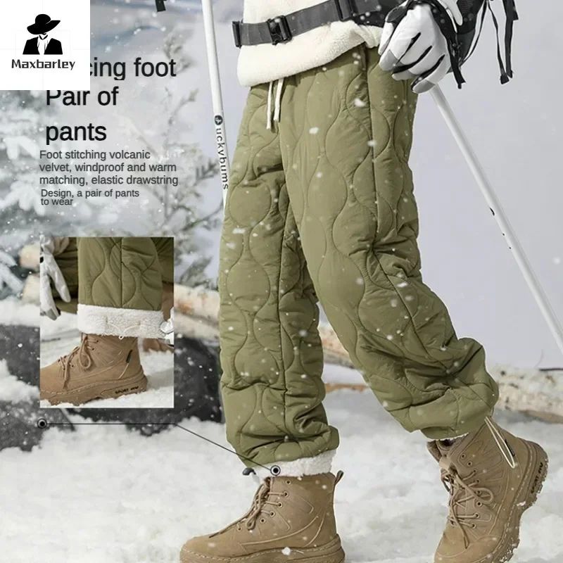 Calça de Neve Masculina, Marca de Moda, Grossa, À Prova de Vento, Quente, Veludo de Cordeiro, Calça Feminina Casual, À Prova de Frio, Acolchoada com Algodão e Penugem
