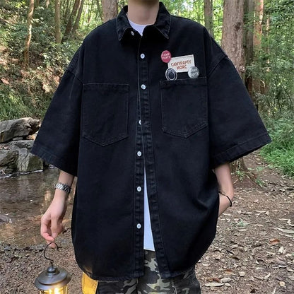 Retro Japanese Style Pocket Badge Denim Short Sleeve Casual Shirt Men's Loose Collar Jacket Trendy Summer Clothing