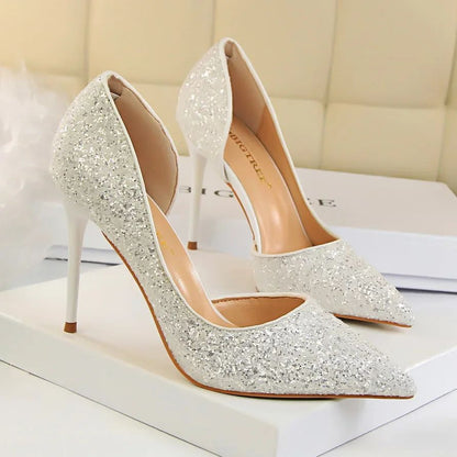 Plus Size 34-43 Women 9.5cm High Heels Stripper  Bling Glod Red Silver Scarpins Pumps Lady Stiletto Wedding Bridal Fetish Shoes