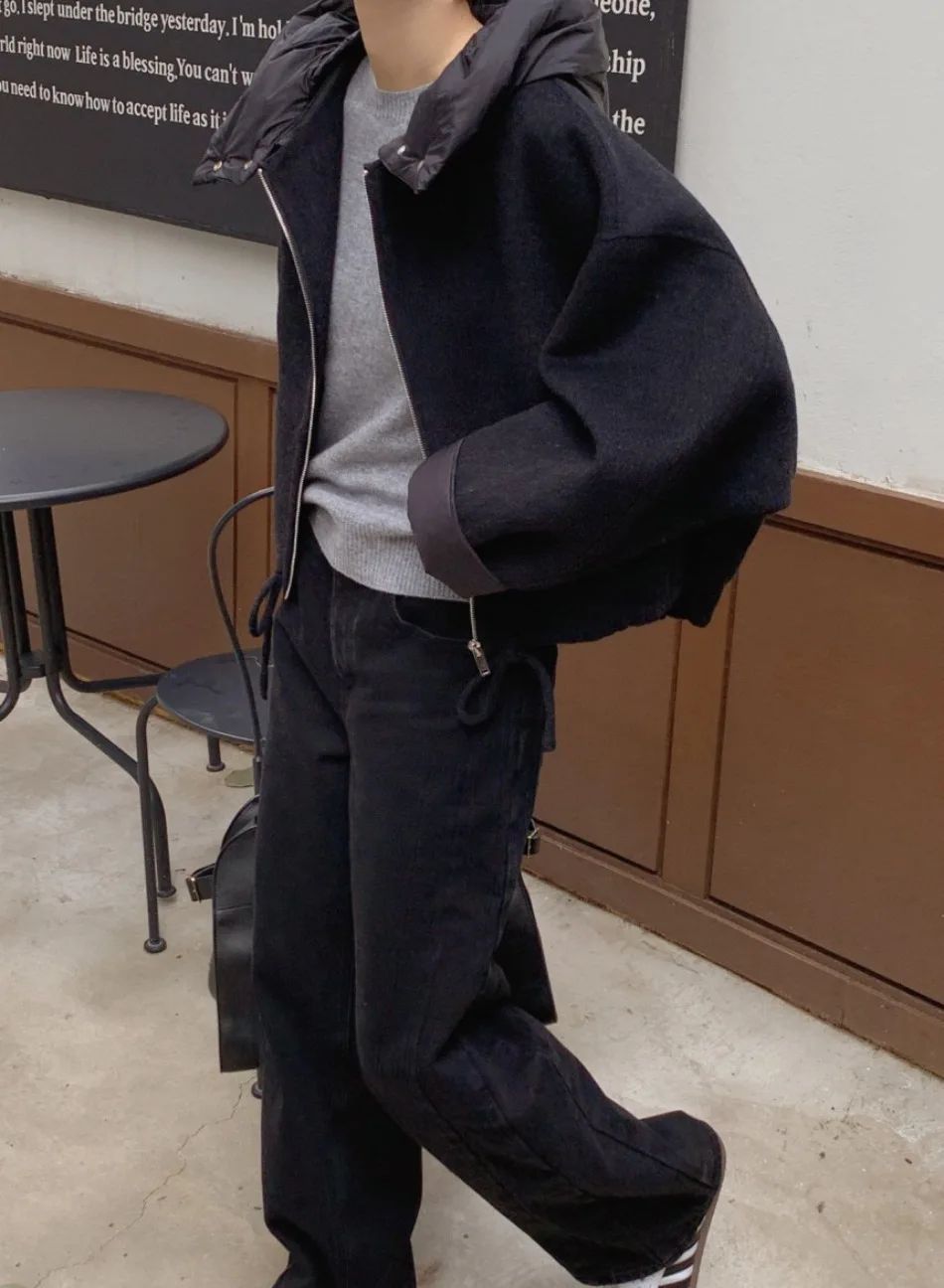 New Coats and Jackets Autumn Winter New Elegant Hooded Detachable Lace Up Short Woolen Coat Korean Fashion Casual Loose Jackets