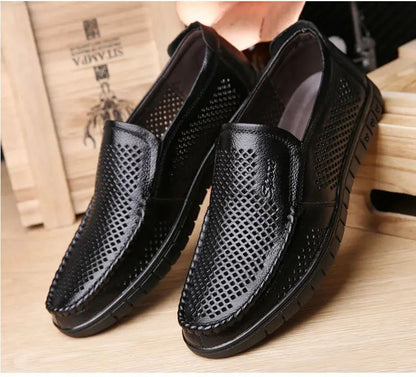 Plus Size Breathable Hollow Out Leather Sandals For Men Summer Comfortable Slip-Ons With Gap Between The Shoes And The Ground