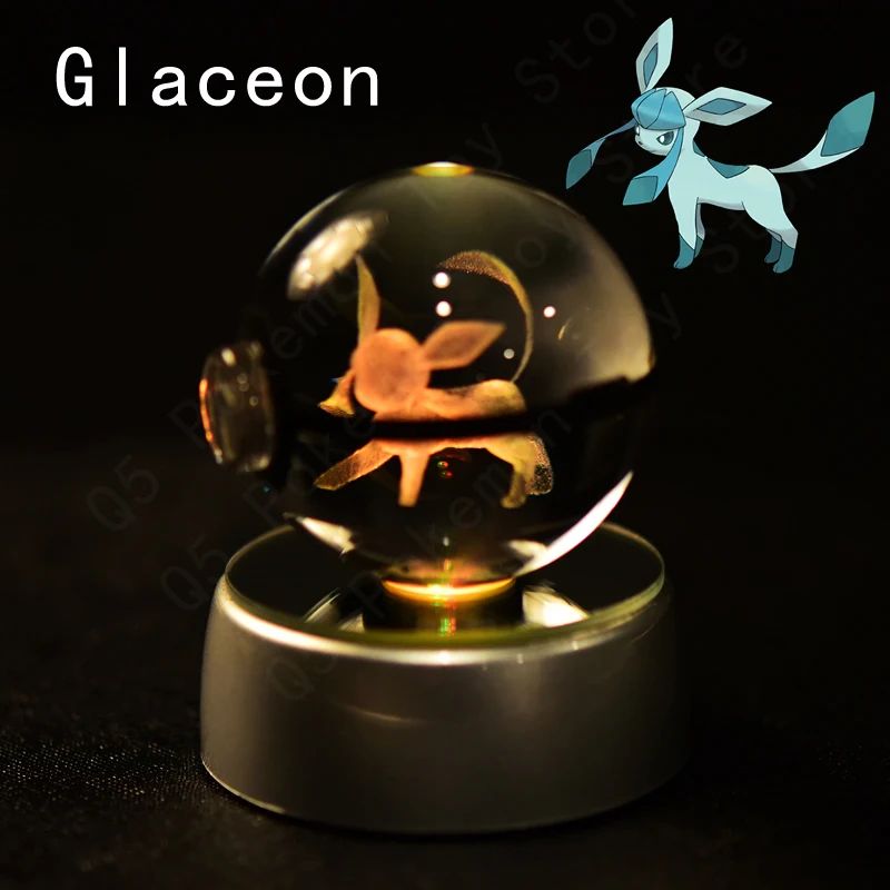 Esfera de Cristal 3D Pokémon 7CM 5CM Mewtwo Pikachu Gengar Bola de Cristal de Vidro Pokémon Pokebola Luminária Noturna LED com Base de Presente