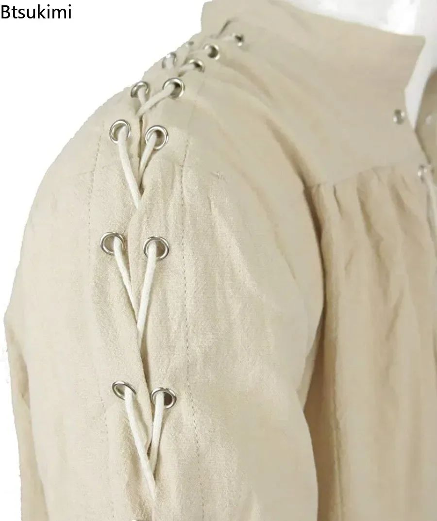 Men Medieval Shirts Drawstring Viking Vintage Sleeve Tunic Cosplay Tops Knight Costume Ruffle Pirate Gothic Neckline Male Shirts