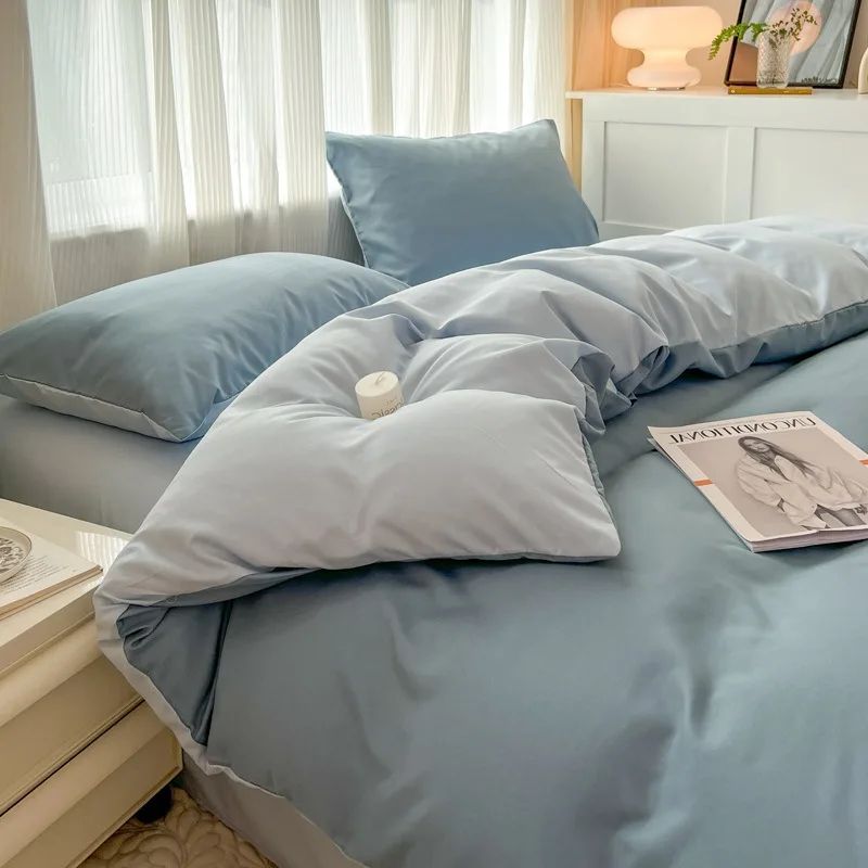 Conjunto de cama de cor sólida de quatro peças para crianças e adultos, cama de casal grande, conjunto de capa de edredom, lençol e capa de travesseiro de quatro peças